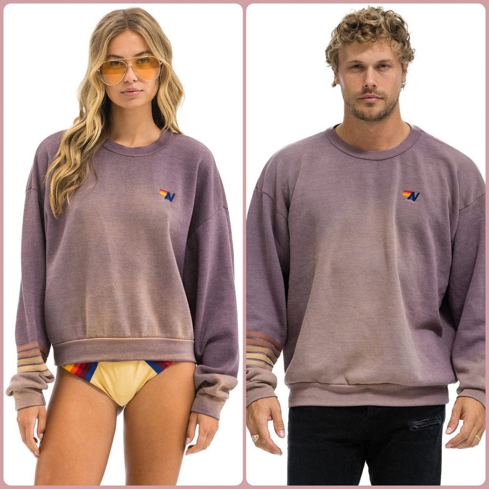 Aviator Nation Rugby Stitch Relaxed Crew Sweatshirt Faded Mocha Vintage Unisex L